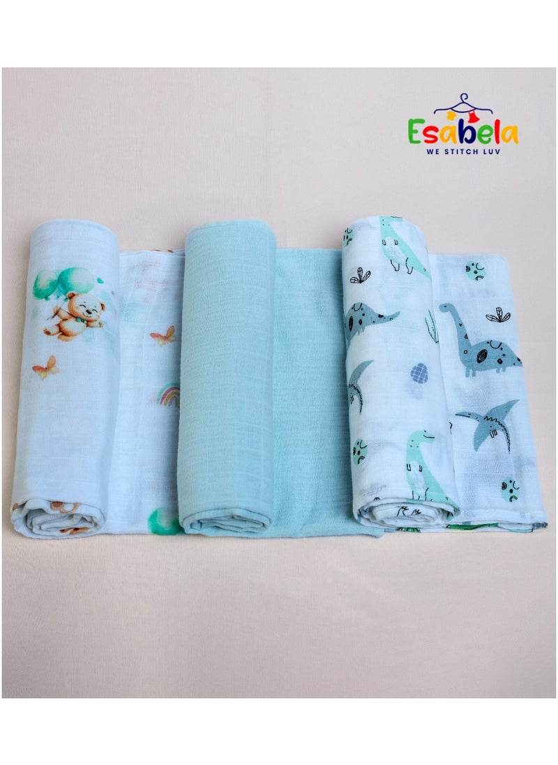 Baby Swaddle Set 3-Pieces Baby Cover, Soft & Breathable Baby Cloth, Perfect for Sleep & Cuddles, Multi-function Baby Blanket for Age 0+ months - Green Teddy/Dinosaur/Blue Solid Collections