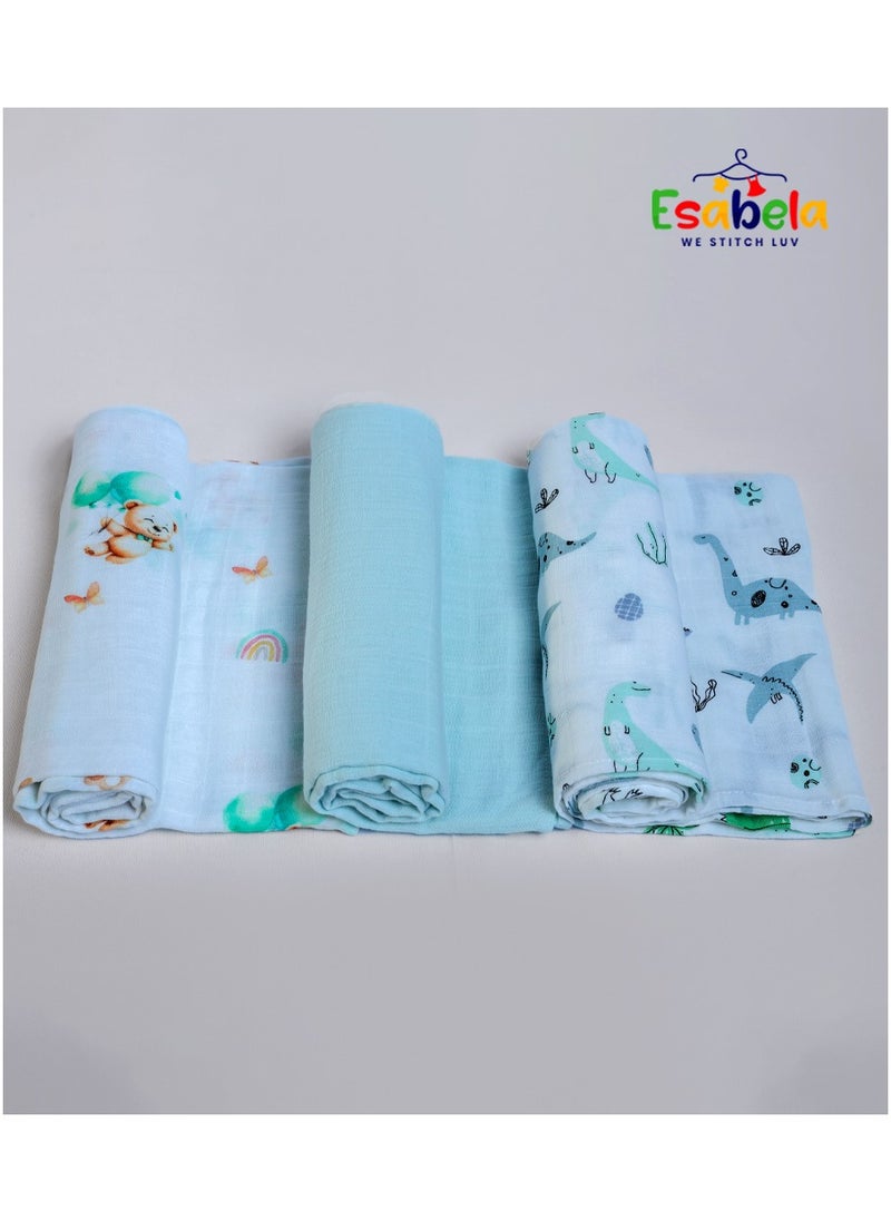Baby Swaddle Set 3-Pieces Baby Cover, Soft & Breathable Baby Cloth, Perfect for Sleep & Cuddles, Multi-function Baby Blanket for Age 0+ months - Green Teddy/Dinosaur/Blue Solid Collections
