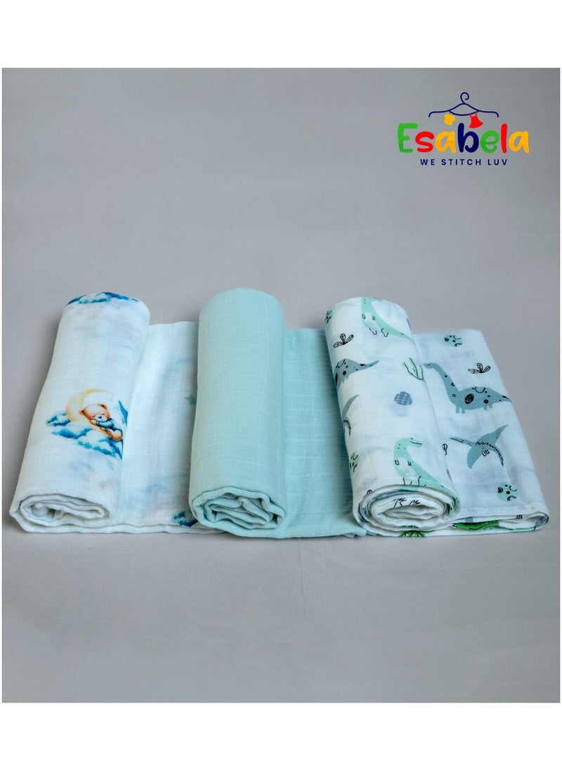 Baby Swaddle Set 3-Pieces Baby Cover, Soft & Breathable Baby Cloth, Perfect for Sleep & Cuddles, Multi-function Baby Blanket for Age 0+ months - Blue Teddy/Dinosaur/Blue Solid Collections