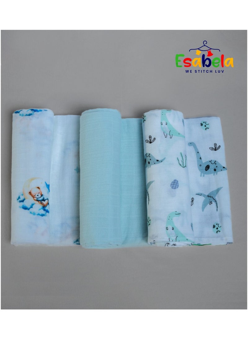 Baby Swaddle Set 3-Pieces Baby Cover, Soft & Breathable Baby Cloth, Perfect for Sleep & Cuddles, Multi-function Baby Blanket for Age 0+ months - Blue Teddy/Dinosaur/Blue Solid Collections