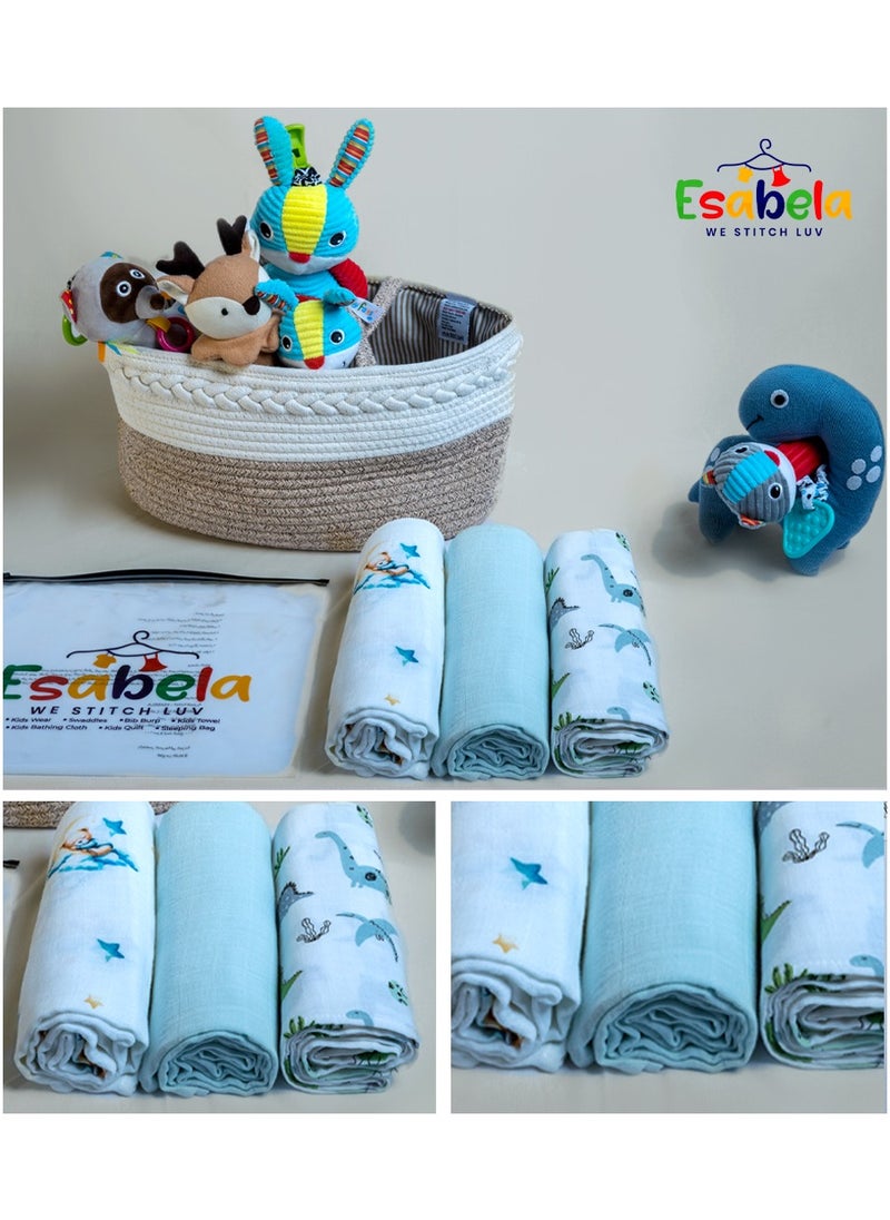 Baby Swaddle Set 3-Pieces Baby Cover, Soft & Breathable Baby Cloth, Perfect for Sleep & Cuddles, Multi-function Baby Blanket for Age 0+ months - Blue Teddy/Dinosaur/Blue Solid Collections