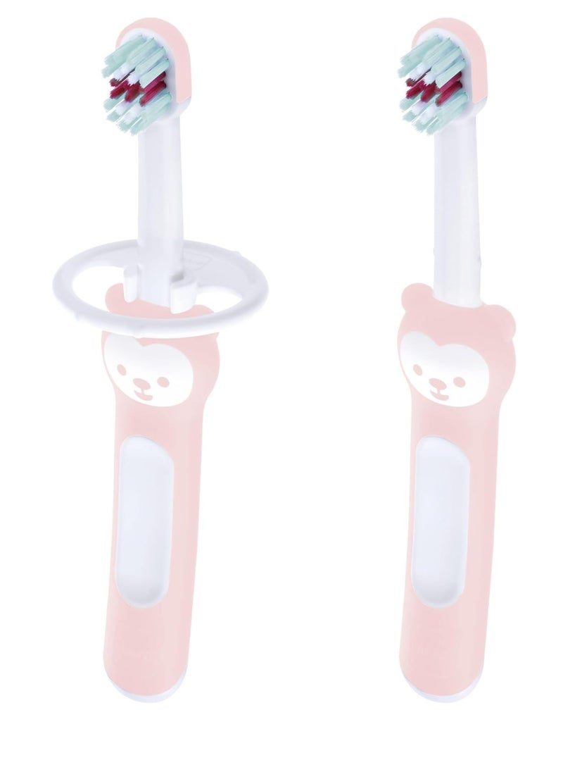 MAM Baby Toothbrushes (2 Baby's Brushes and 1 Safety Shield), Toothbrushes with Brushy The Bear Character, Interactive App, for Girls 6+ Months, Pink