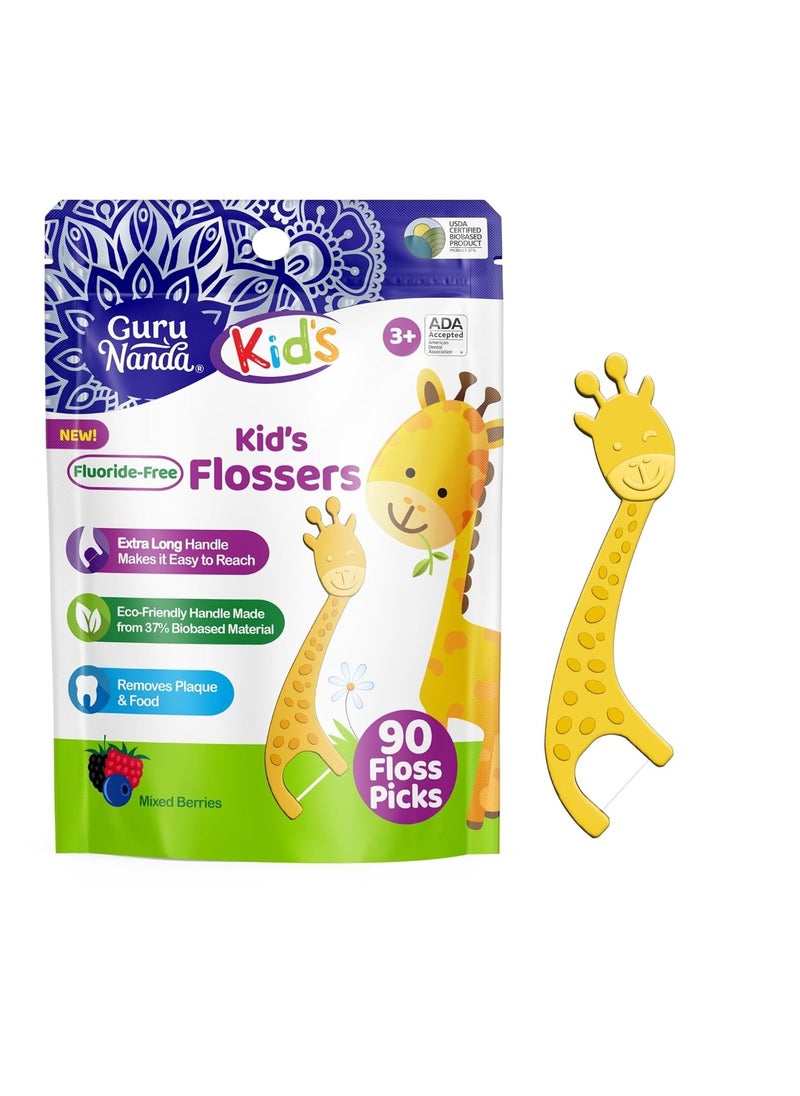 GuruNanda Dental Floss Picks for Kids, Extra-Long Giraffe-Shaped Picks, Fluoride-Free, Anti-Slip & Shred-Resistant Design & Eco-Friendly Handle & Berry Flavor, Ideal for Ages 3+, 90 Count (Pack of 1)