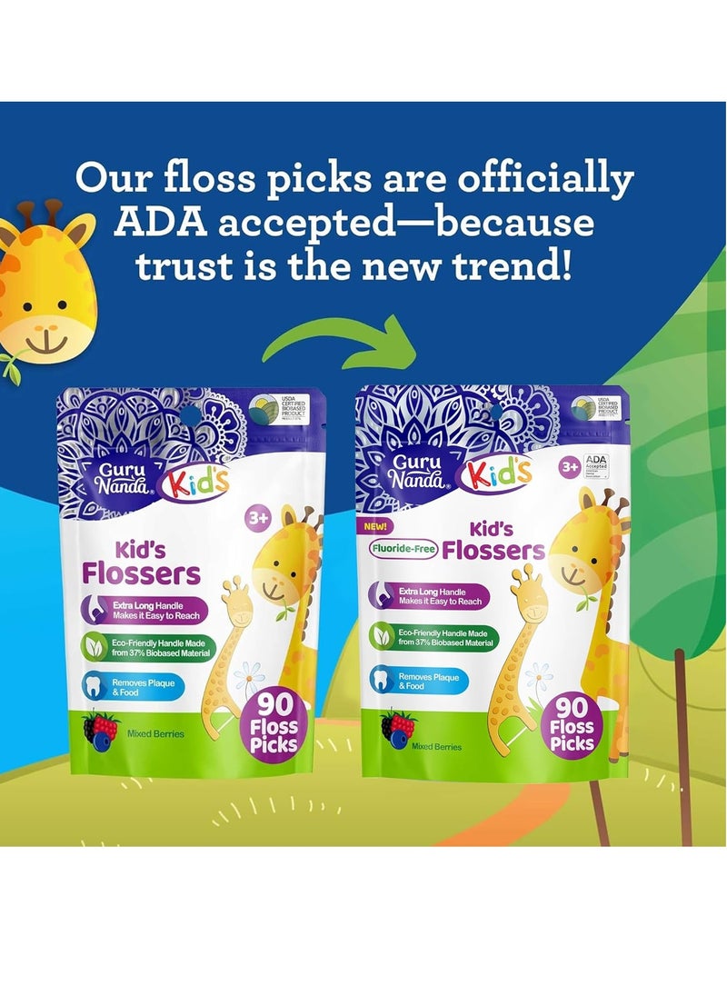 GuruNanda Dental Floss Picks for Kids, Extra-Long Giraffe-Shaped Picks, Fluoride-Free, Anti-Slip & Shred-Resistant Design & Eco-Friendly Handle & Berry Flavor, Ideal for Ages 3+, 90 Count (Pack of 1)