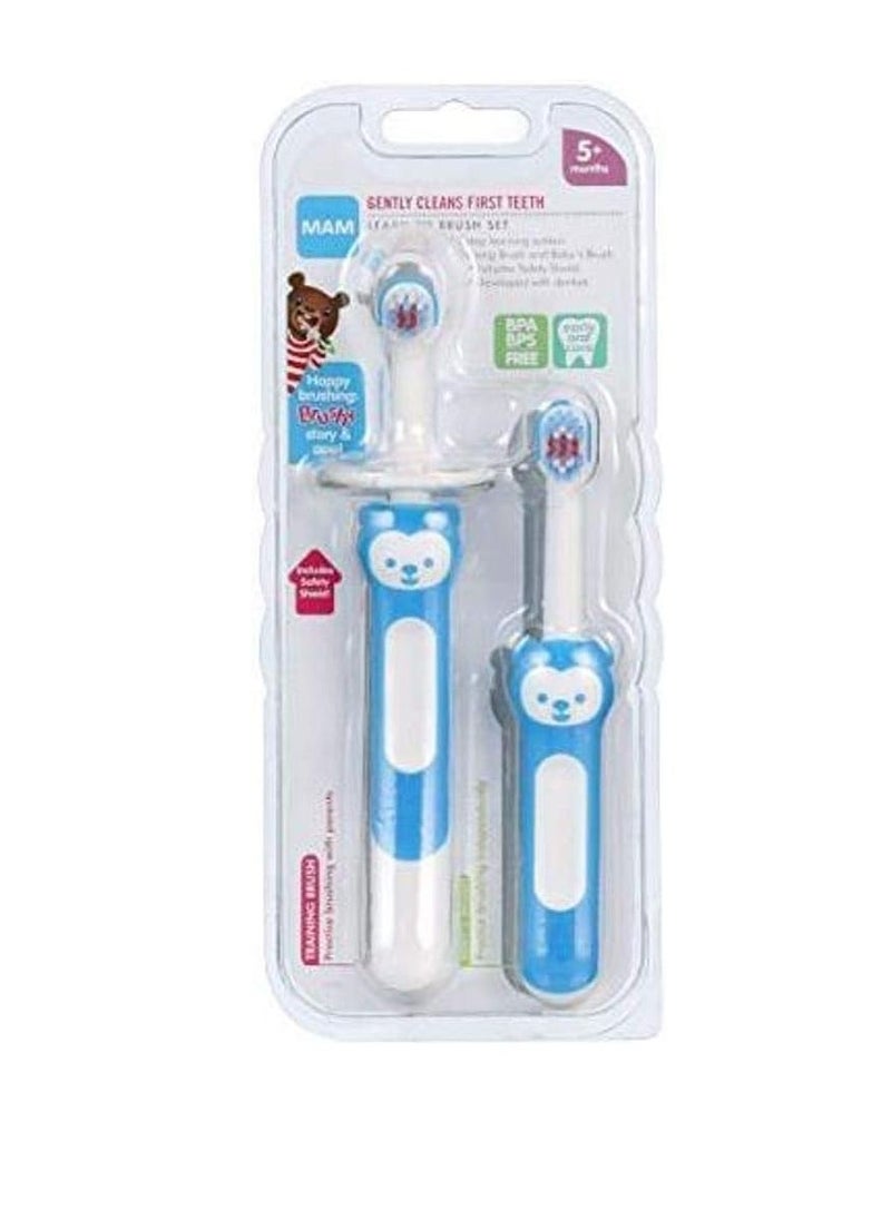 MAM Learn to Brush Set (1 Baby's Brush Toothbrush, 1 Training Brush, 1 Safety Shield), Baby Toothbrushes with Brushy The Bear, Interactive App, for Boys 5+ Months, Blue