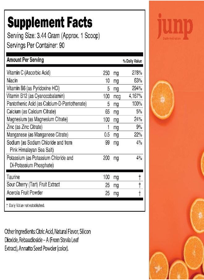 JUNP Hydration Electrolyte Powder, Electrolytes Drink Mix, Hydration Mix, Sugar Free, Gluten Free, 0 Calories, 0 Carbs, Keto Friendly, Kosher, 90 Servings. (Orange)