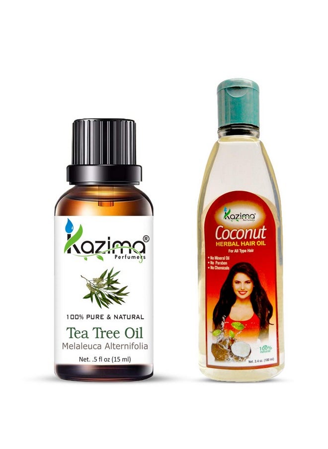 Combo Of Tea Tree Oil (15Ml) And Coconut Herbal Hair Oil (100Ml) Anti Hair Loss, Maintains Healthy Scalp & Dandruff Control