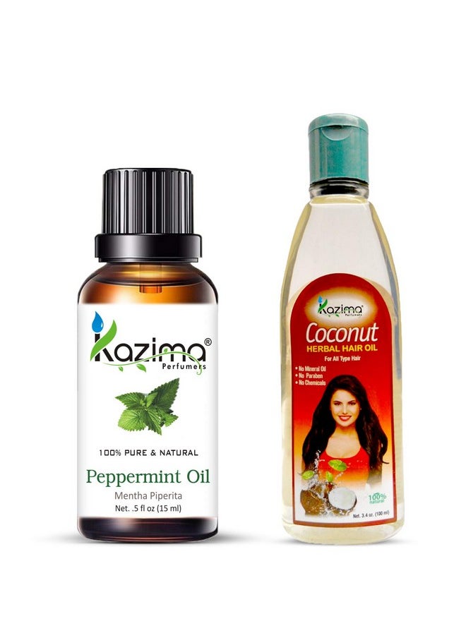 Combo Of Peppermint Essential Oil 15 Ml And Coconut Herbal Hair Oil 100 Ml For Hair, Skin And Body (Combo Of 2)