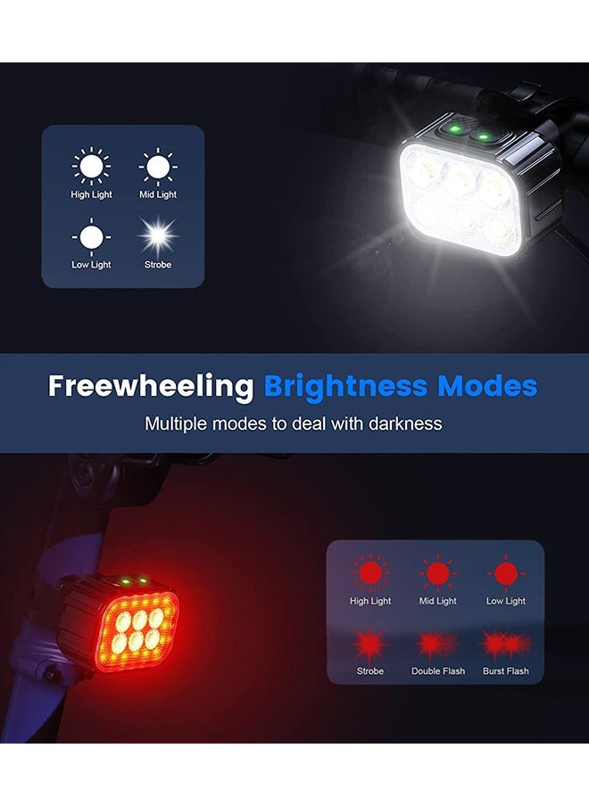 Bike Lights Set Ultra Bright, Bicycle Light Rechargeable with 6 Spot & Flood Beams, IP65 Waterproof Bike Lights for Night Riding, DIY 4X4 + 6X6 Lightning Modes Bike Headlight and Tail Light