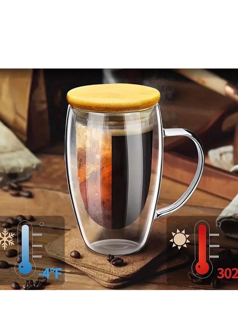 Double Walled Glass Coffee Cups with Handle and with Bamboo Lid 450ml, Insulated Coffee Mugs Perfect for Cappuccino, Macchiato, Latte, Tea, Juice, Iced & Hot Pack Of 2 (450ML)