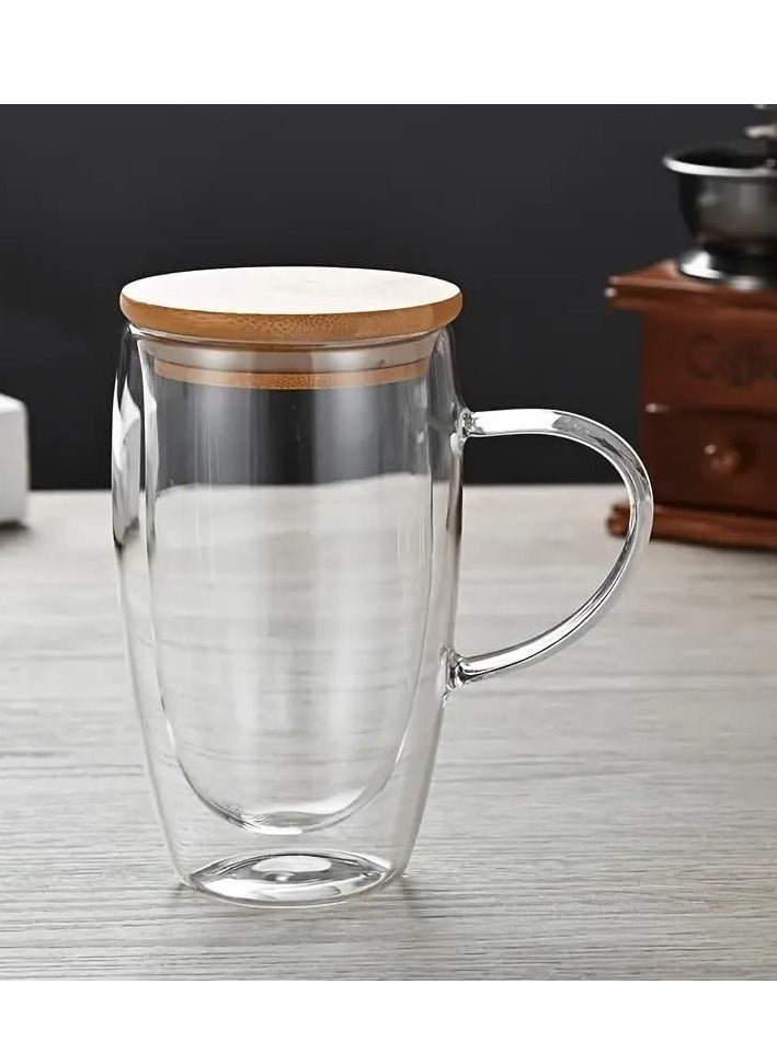 Double Walled Glass Coffee Cups with Handle and with Bamboo Lid 450ml, Insulated Coffee Mugs Perfect for Cappuccino, Macchiato, Latte, Tea, Juice, Iced & Hot Pack Of 2 (450ML)