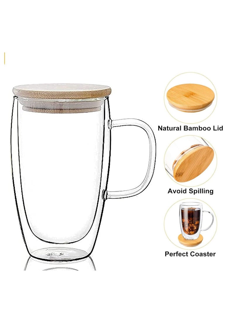 Double Walled Glass Coffee Cups with Handle and with Bamboo Lid 450ml, Insulated Coffee Mugs Perfect for Cappuccino, Macchiato, Latte, Tea, Juice, Iced & Hot Pack Of 2 (450ML)