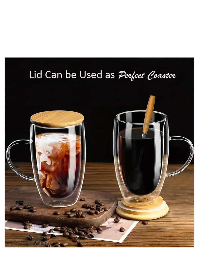 Double Walled Glass Coffee Cups with Handle and with Bamboo Lid 450ml, Insulated Coffee Mugs Perfect for Cappuccino, Macchiato, Latte, Tea, Juice, Iced & Hot Pack Of 2 (450ML)