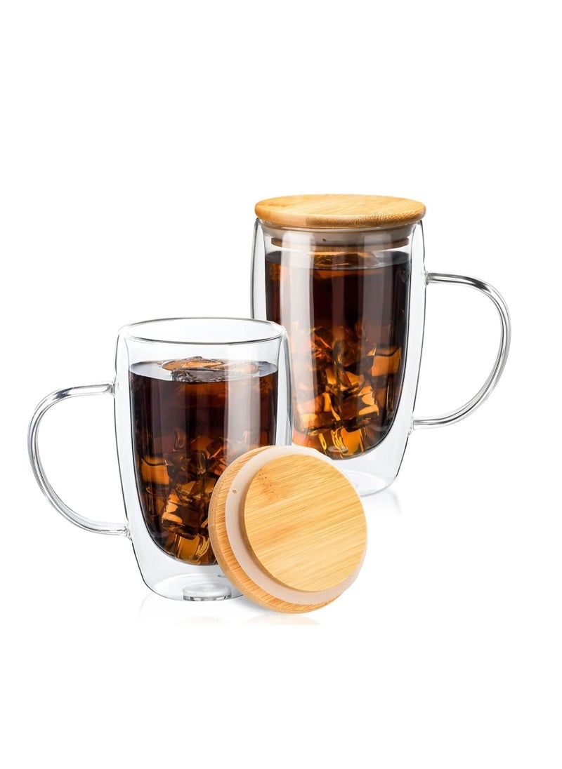 Double Walled Glass Coffee Cups with Handle and with Bamboo Lid 450ml, Insulated Coffee Mugs Perfect for Cappuccino, Macchiato, Latte, Tea, Juice, Iced & Hot Pack Of 2 (450ML)