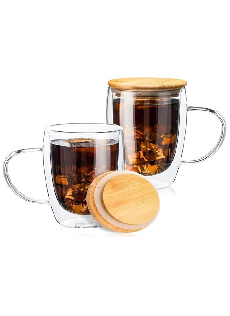 Double Walled Glass Coffee Cups with Handle and with Bamboo Lid, Insulated Coffee Mugs Perfect for Cappuccino, Macchiato, Latte, Tea, Juice, Iced & Hot Pack Of 2 (350ML)