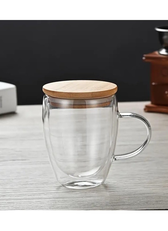 Double Walled Glass Coffee Cups with Handle and with Bamboo Lid, Insulated Coffee Mugs Perfect for Cappuccino, Macchiato, Latte, Tea, Juice, Iced & Hot Pack Of 2 (350ML)