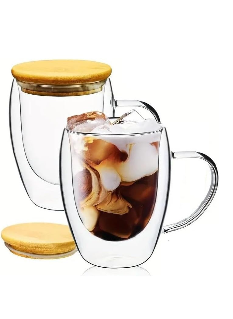 Double Walled Glass Coffee Cups with Handle and with Bamboo Lid, Insulated Coffee Mugs Perfect for Cappuccino, Macchiato, Latte, Tea, Juice, Iced & Hot Pack Of 2 (350ML)