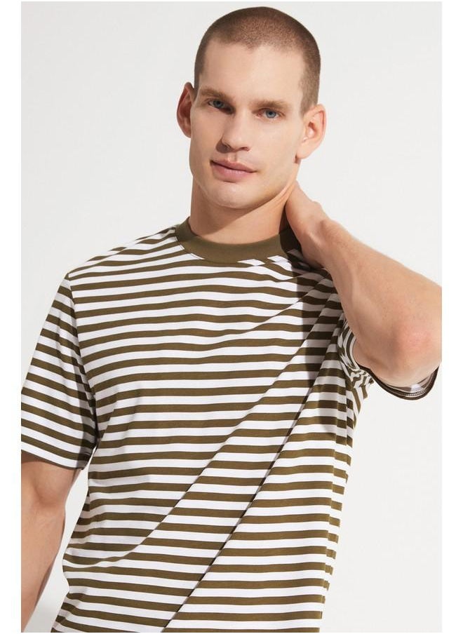 June Men Regular Fit Striped Crew Neck Tshirt Khaki