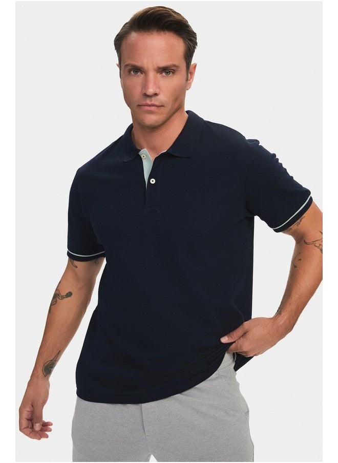 June Men Regular Fit 100% Cotton Piping Detailed Polo Neck Tshirt Dark Navy