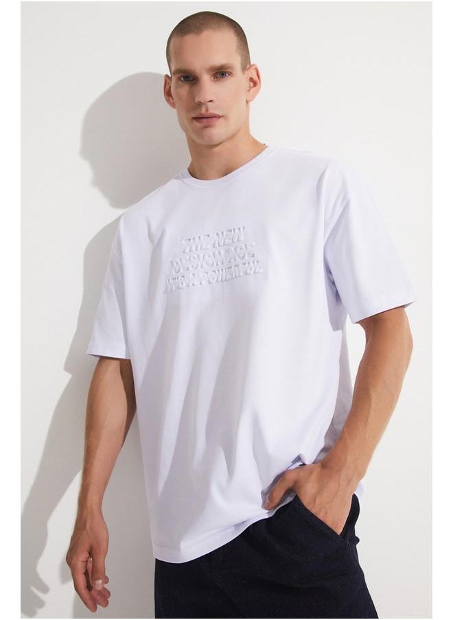 June Men Oversize Pattern Embossed Printed Crew Neck Tshirt White