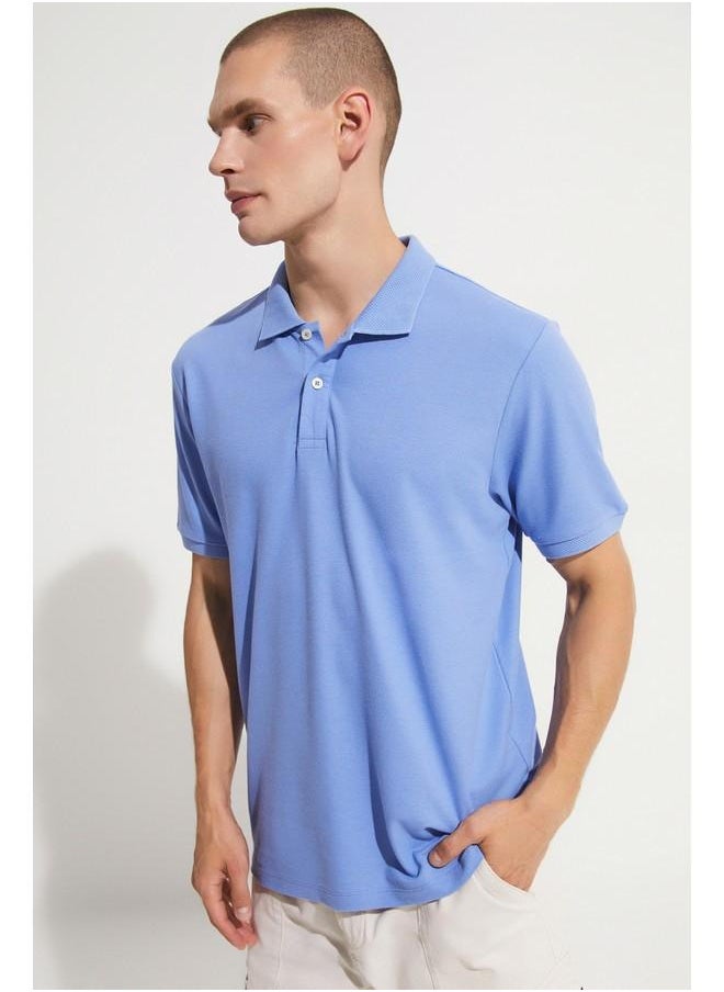 June Honeycomb Collar Cotton Polo Neck Tshirt Light Blue