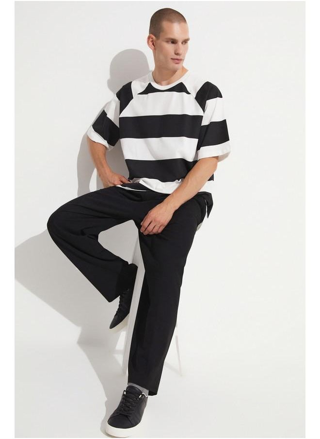 June Men Oversize Pattern Crew Neck Striped Tshirt Black