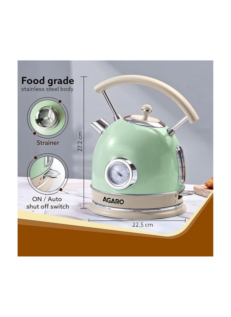 AGARO Regency Vintage Kettle 1.8L with Temperature Gauge, Hot Water Boiler & Tea Heater with Curved Handle, Visible Water Level Line, Led Light, Auto Shut-Off & Boil-Dry Protection, Green