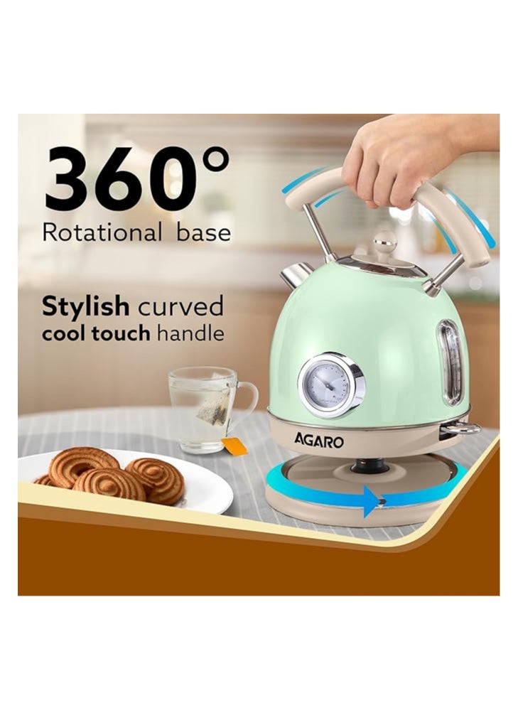 AGARO Regency Vintage Kettle 1.8L with Temperature Gauge, Hot Water Boiler & Tea Heater with Curved Handle, Visible Water Level Line, Led Light, Auto Shut-Off & Boil-Dry Protection, Green