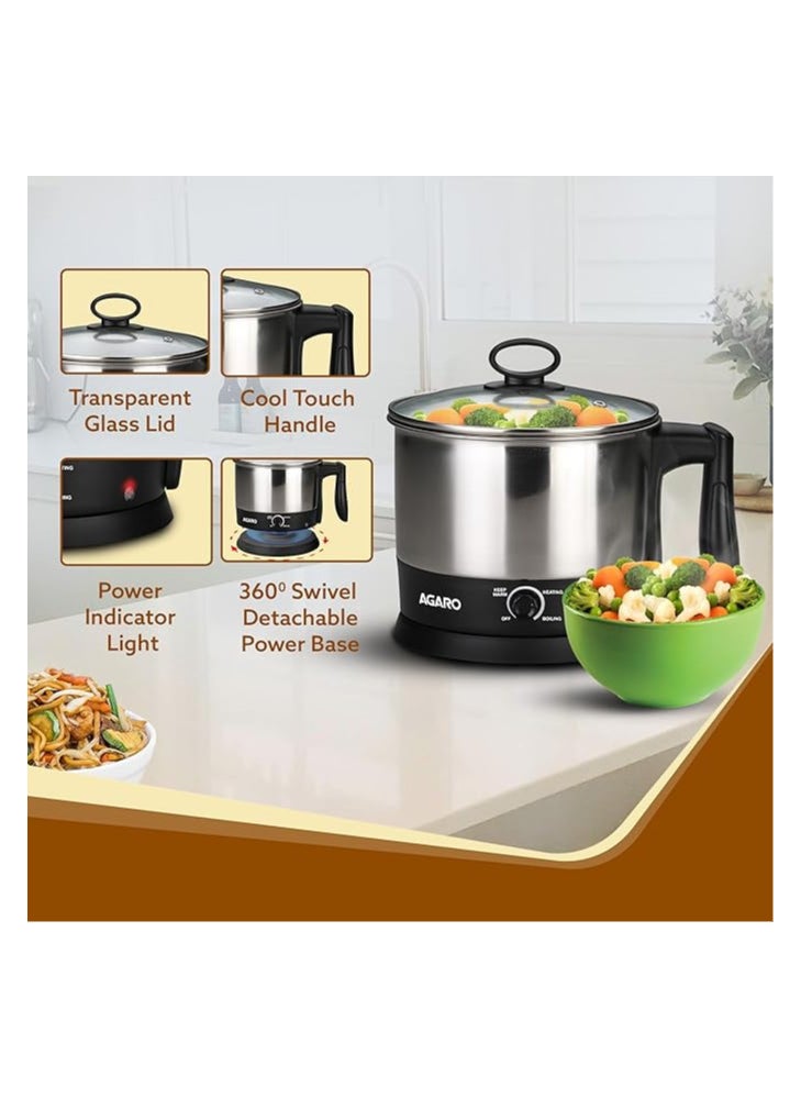 AGARO Esteem Multi Kettle 1.2 Litre, 600 watts with 3 Heating Modes & Rapid Boil Technology (Silver) |Stainless Steel