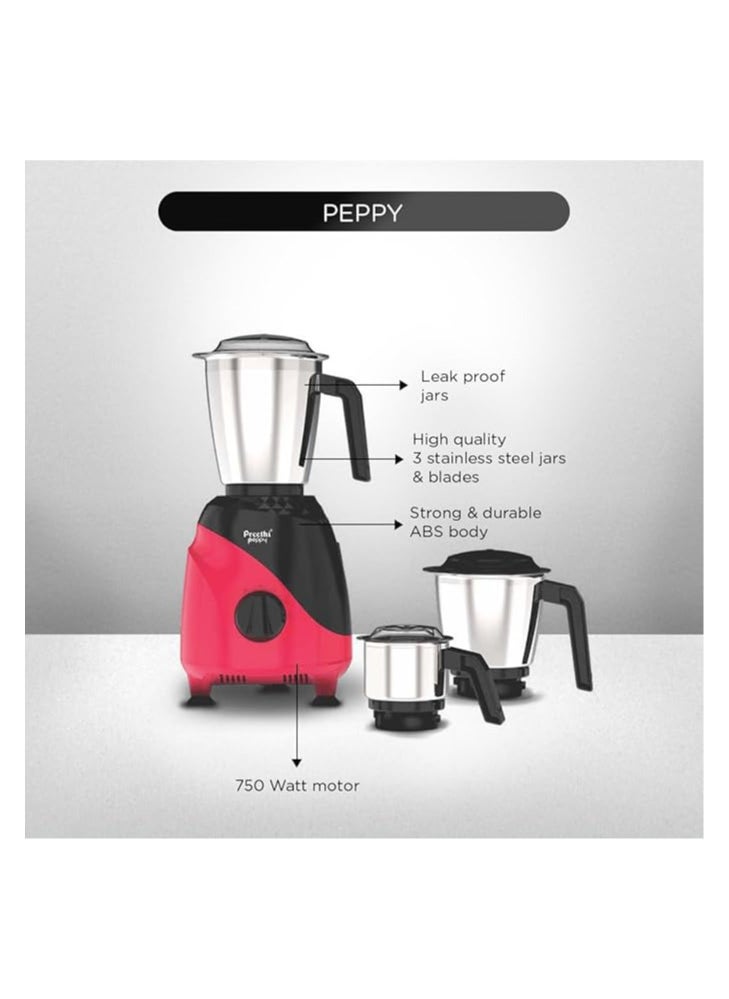 Preethi Peppy MG-245 Mixer Machine Grinder, 750 watt, Black & Red, 3 jars, Vega W5 Motor with 5yr Warranty & Lifelong Free Service