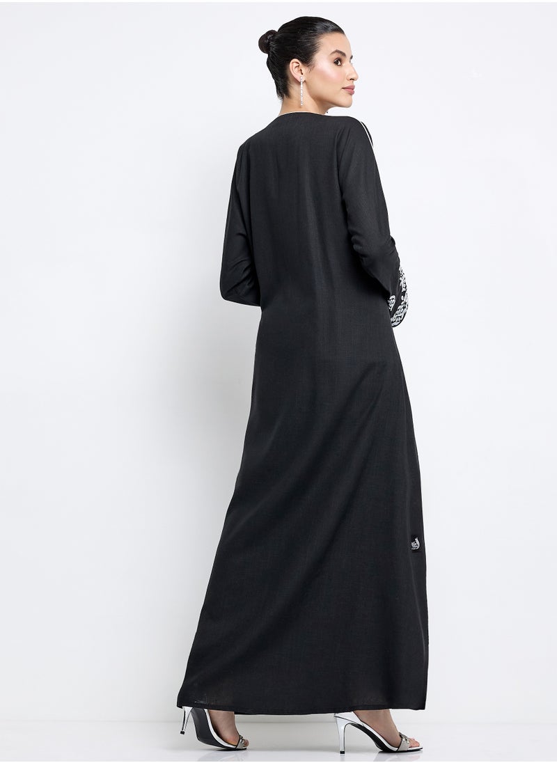 Black Pure Linen Abaya with Embroidery Design