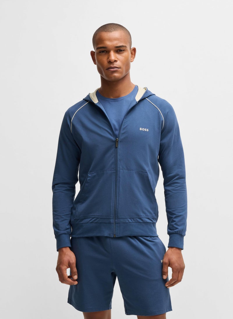 Zip-up hoodie in stretch cotton with embroidered logo