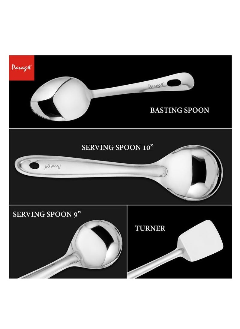 Parage Stainless Steel Kitchen Tools Set for Kitchen Cooking and Serving, Pack of 4, Serving Spoon, Turner/Spatula (Palta), Basting and Rice Spoon, Silver (Size: 26.5 cms, 25 cms x 2, 23 cms)