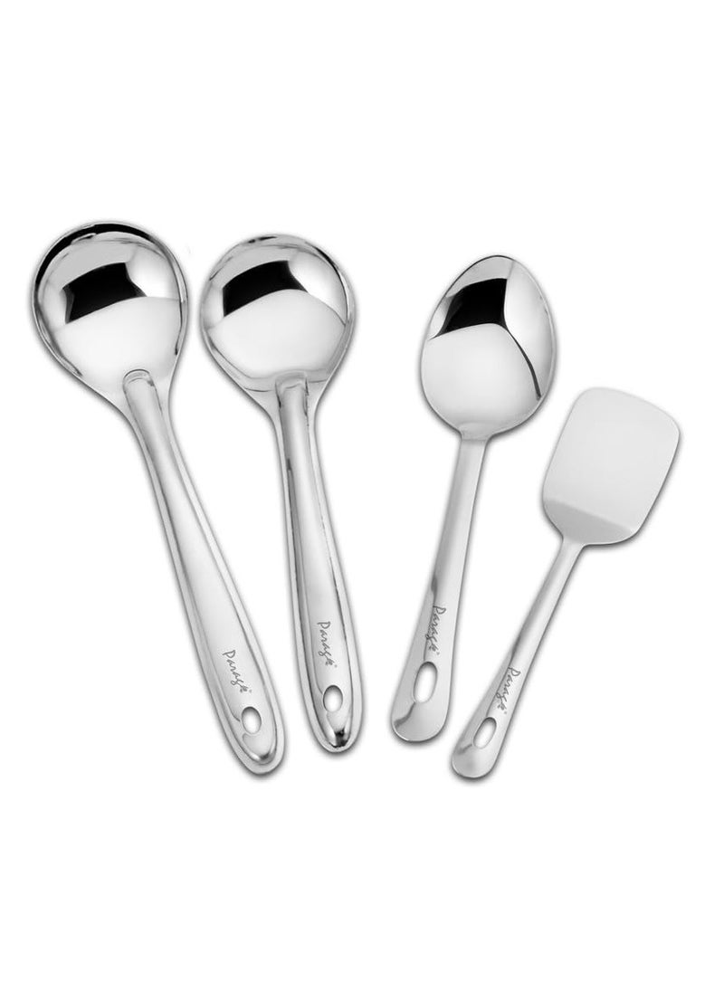 Parage Stainless Steel Kitchen Tools Set for Kitchen Cooking and Serving, Pack of 4, Serving Spoon, Turner/Spatula (Palta), Basting and Rice Spoon, Silver (Size: 26.5 cms, 25 cms x 2, 23 cms)