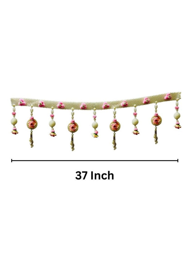 Accessorize Kingdom Handicraft White Beads Patta with Pink Pom Toran for Home Decoration and Office Decor|Door Hanging for Bandarwal for Home Door