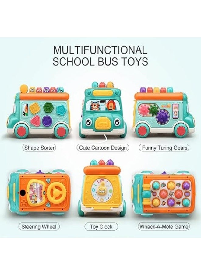 Push Pull Bus Toy, Baby Musical Learning Toys with Sound u0026 Light, Whack-a-Mole Game, Shape Matching, Gear, Toy Clock, Activity Bus Toy Early Education Gift for Toddler Boys Girls