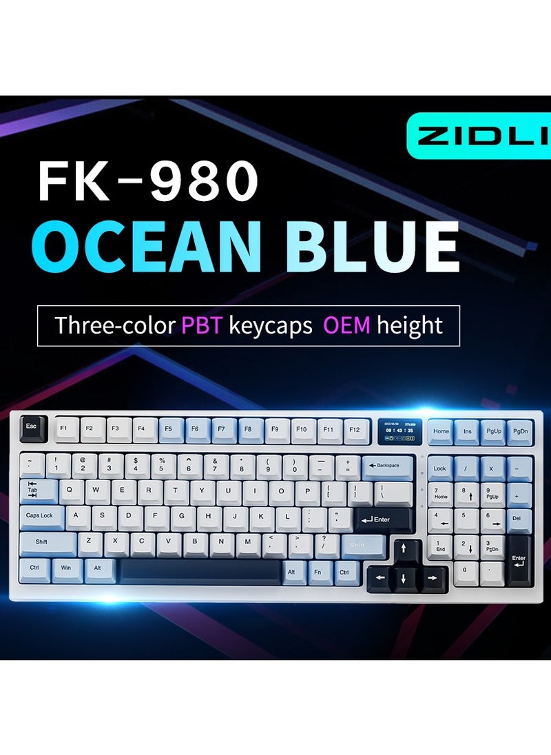 ZIDLI FK980 Custom Mechanical Keyboard with DIY Display Screen RGB Gasket Structure KTT Hyacinth Switches Wireless Triple Connectivity 98-Key Compact Layout PBT Keycaps 5 Color Variants