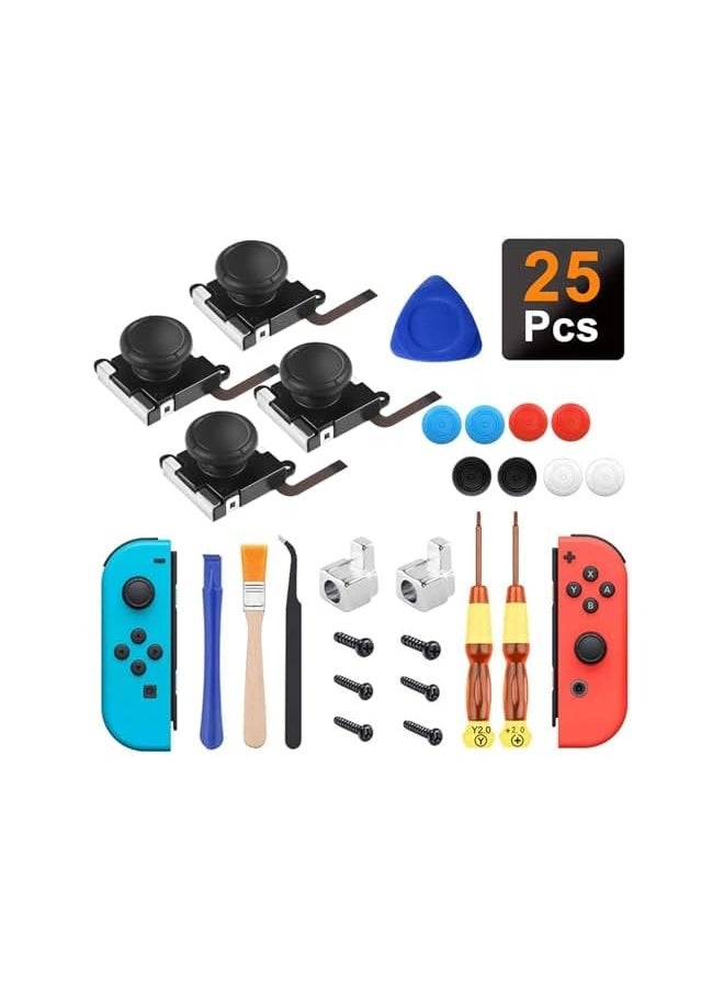 Joycon Teardown Repair Tool Kit - 4 Pack Joystick Analog Thumb Stick for Nintendo Consoles with Flex Cable, Screws, Springs & Grips - Console Lovers Must-have(25 PCS)