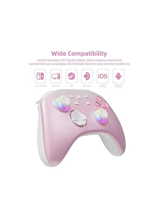 Wireless Switch Controller fo Switch, Windows PC iOS Android Steam/Steam Deck, 7 Color RGB Lighting Bluetooth Pro Controller with Turbo, Motion, Vibration, Wake-Up, Headphone Jack