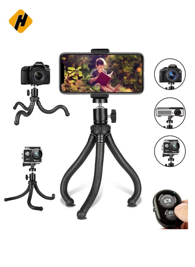 Phone Tripod, Flexible Cell Phone Tripod Adjustable Camera Stand Holder with Wireless Remote and Universal Clip 360° Rotating Mini Tripod Stand for iPhone, Samsung Android Phone, Sports Camera GoPro