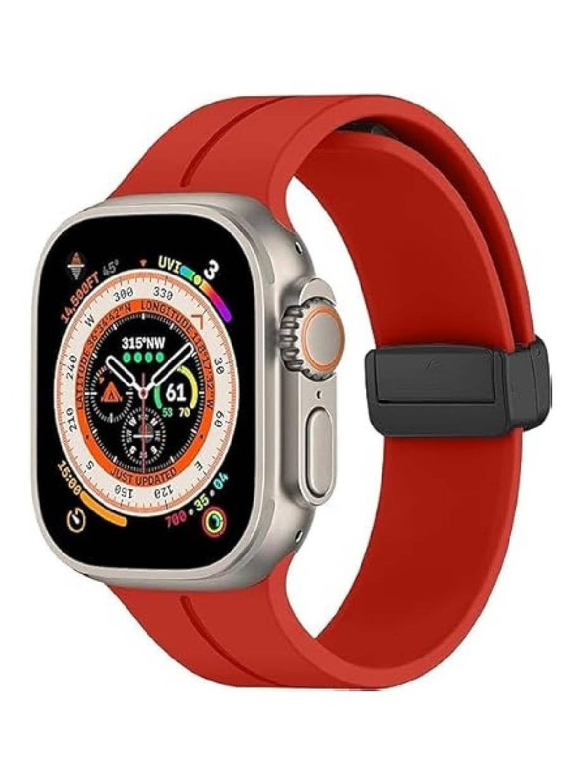 Soft Silicone Sport Strap with Magnetic Buckle for Apple Watch Ultra | Compatible with 49mm, 45mm, 44mm, 42mm | Unisex Wristband for Men u0026 Women (Red)