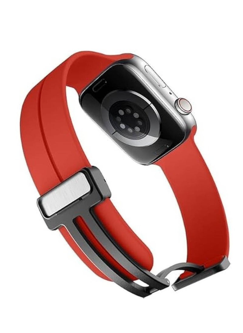 Soft Silicone Sport Strap with Magnetic Buckle for Apple Watch Ultra | Compatible with 49mm, 45mm, 44mm, 42mm | Unisex Wristband for Men u0026 Women (Red)