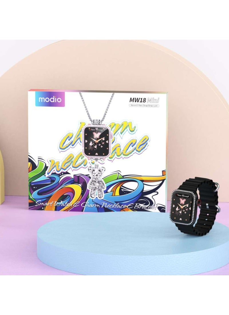 MW18 Mini 36 mm HD Display Smart Watch with 2 Pair Strap and Stylish Chain Necklace and Bracelet with Wireless Charger