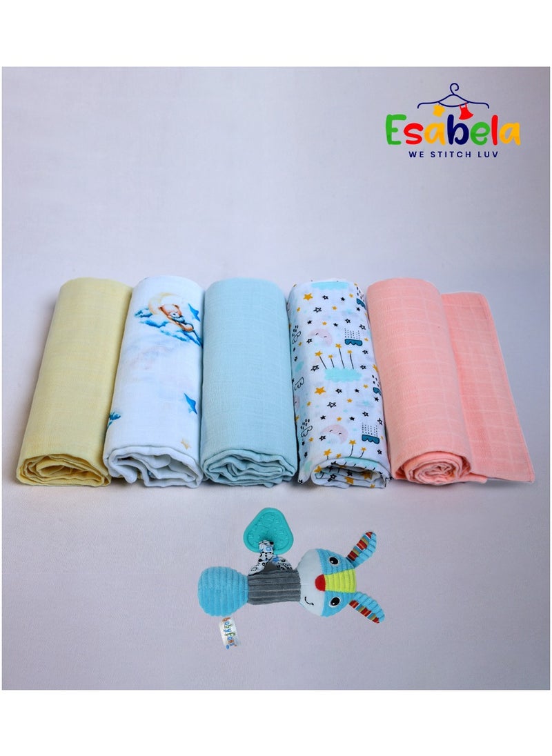Baby Swaddle Set 5-Pieces Baby Cover, Soft & Breathable Baby Cloth, Perfect for Sleep & Cuddles Soft Blanket, New Born Baby Blanket for Age 0+ months