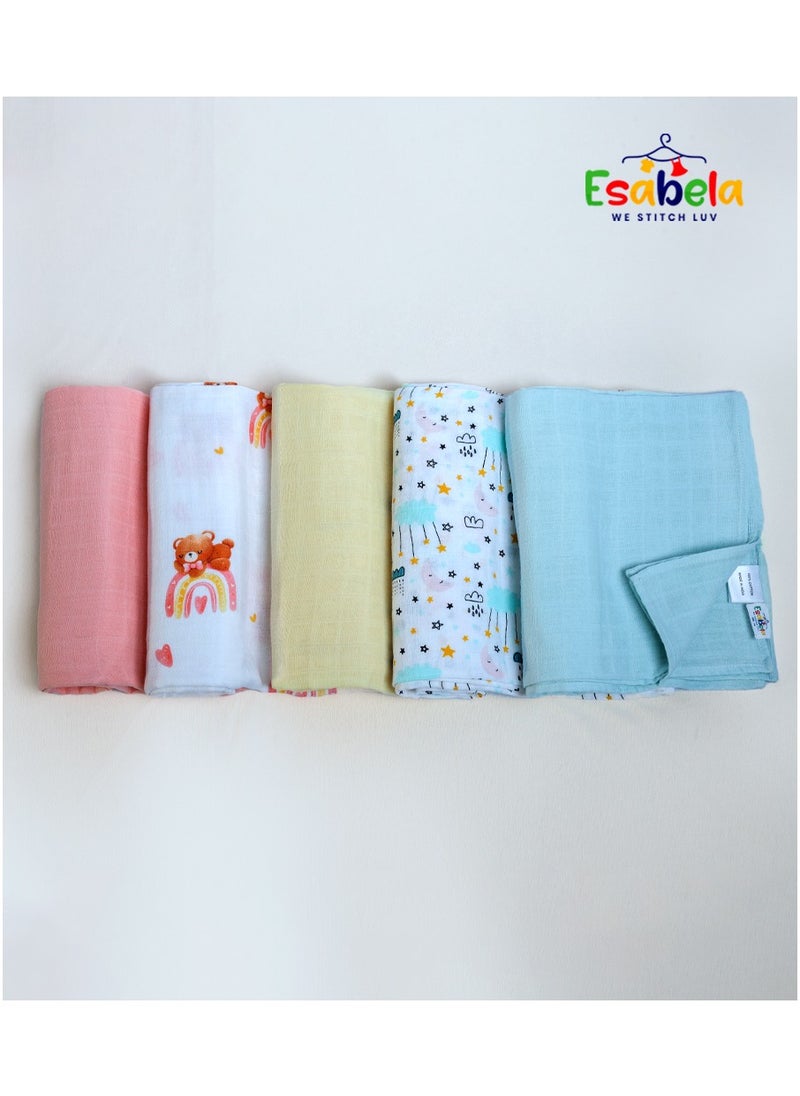 Baby Swaddle Set 5-Pieces Baby Cover, Soft & Breathable Baby Cloth, Perfect for Sleep & Cuddles Soft Blanket, New Born Baby Blanket for Age 0+ months