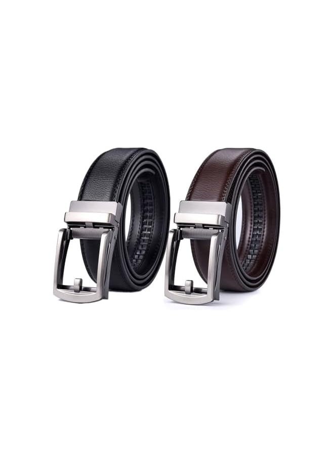 2 Pack Men's Leather Ratchet Dress Belts with Automatic Buckle, Adjustable Leather Belts for Formal & Casual Wear (Black & Brown, 120cm)