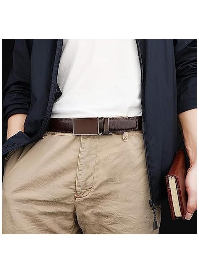 Mens Belt,Men's PU Leather Belt Pants Belts with Easier Adjustable Buckle,Men's Casual Jeans Belts Classic Work Business Dress Belt Fashion Mens Ratchet Dress Belt with Automatic Buckle-Brown