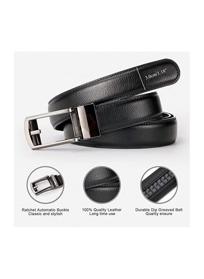 Set of 2 Leather Ratchet Dress Belt for Men Perfect Fit, 2 Pack Belt Men, 3cm Leather Ratchet Dress Belt for Men Dress Pants Oxfords, Perfect Fit Waist Size 60-120 cm with Automatic Buckle