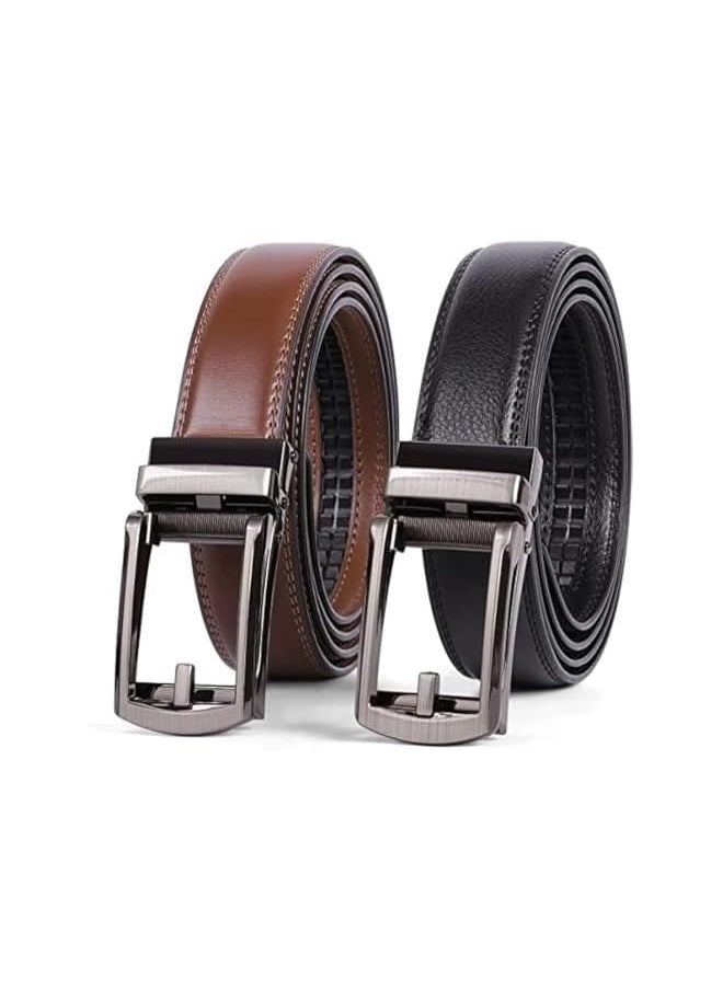 Set of 2 Leather Ratchet Dress Belt for Men Perfect Fit, 2 Pack Belt Men, 3cm Leather Ratchet Dress Belt for Men Dress Pants Oxfords, Perfect Fit Waist Size 60-120 cm with Automatic Buckle