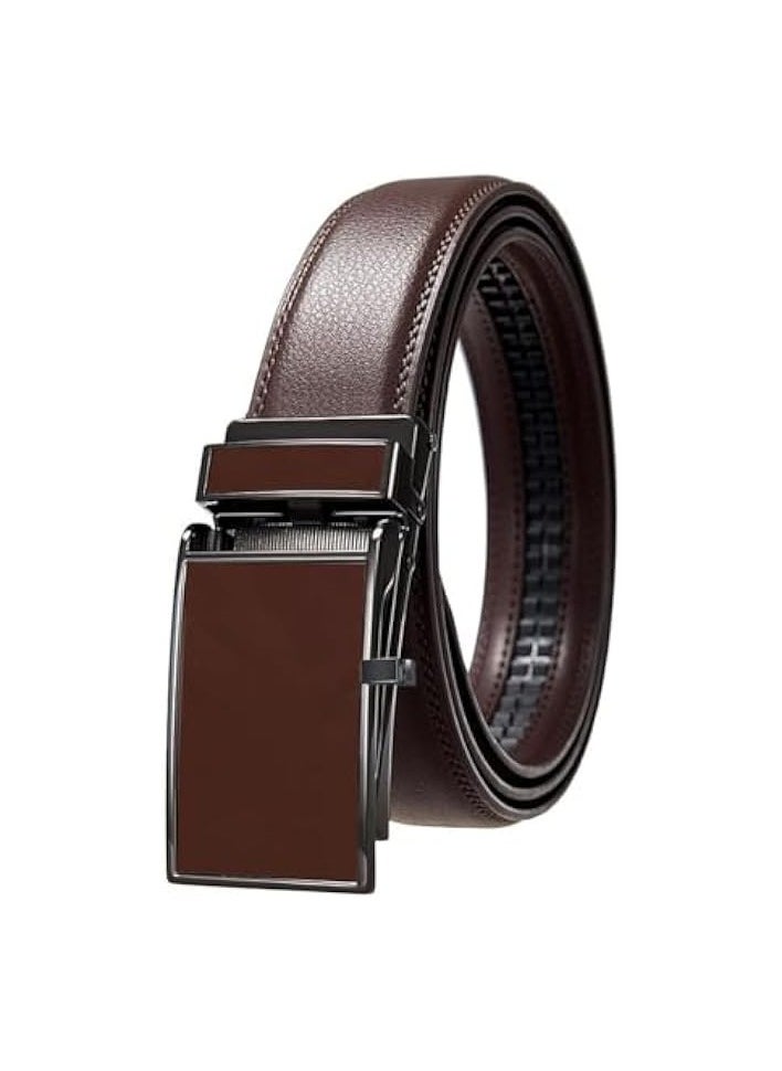 Mens Belt,Men's PU Leather Slide Ratchet Belt with Easier Automatic Buckle Soft Durable Mens Work Business Dress Belt,Fashion Comfortable Men's Formal Casual Jeans PU Leather Belts-Brown